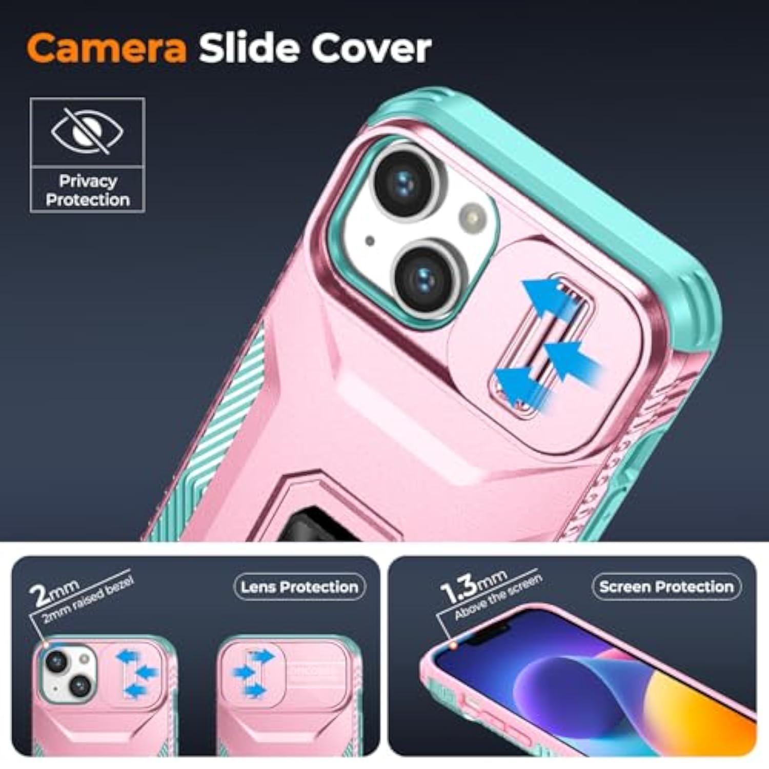 Case For Iphone 13/Iphone 14 6.1-Inch Slide Camera Cover+Screen Protector(2 Packs), Military Grade Shockproof Protective Cover, Rotated Ring Kickstand With Camera Protection (Pink+Celadon)