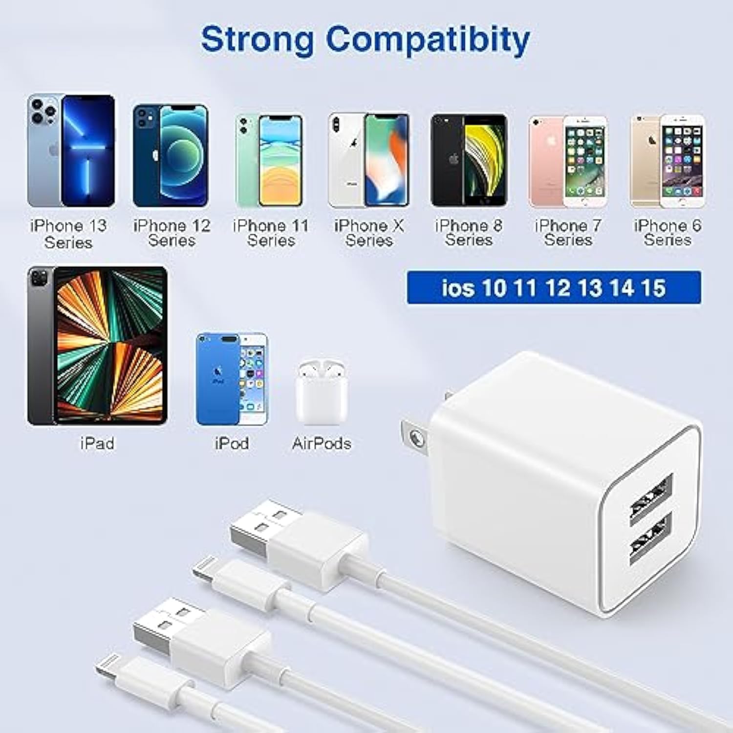 Usb Wall Charger And Lightning Cable,[Apple Mfi Certified] Iphone Charger With Lightning Cord,2 Ports Charging Plug Block Box For Iphone 12/11/Xr/X/Xs/Xr/8/7/6/6S Plus/Se/5C/Ipad-10Ft-White