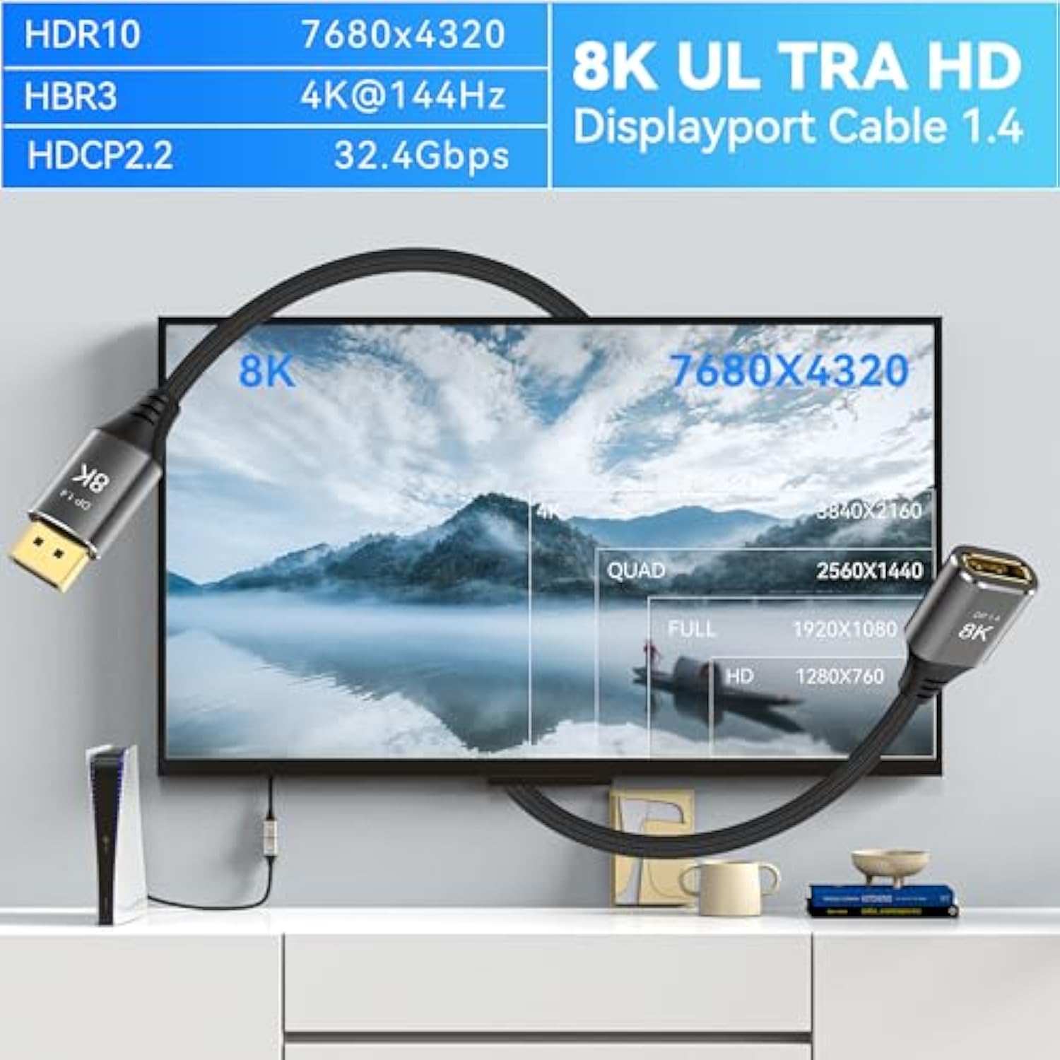 8K Displayport Extension Cable 3Feet, Dp To Dp Extension Cable,Male To Female,