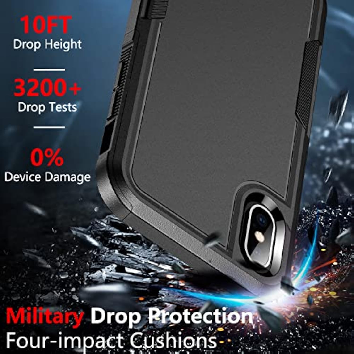 For X Case/ Xs Case, [Shockproof][Dropproof] [Non-Slip] [2 Pcs Tempered Glass Screen Protector] Heavy Duty Phone Case Cover For X/Xs 5.8,(Black)