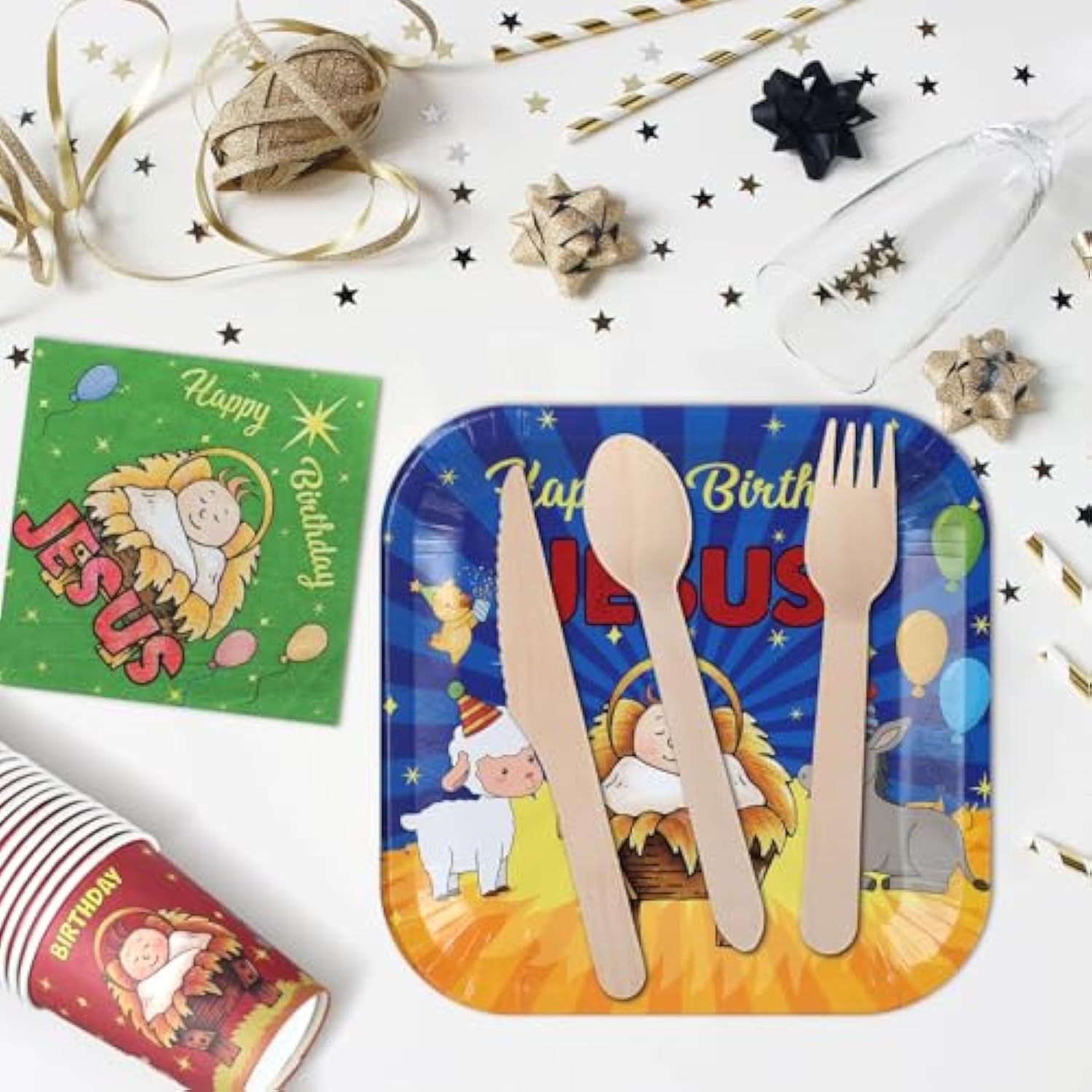 108 Pcs Happy Birthday Jesus Tableware Set Include Disposable Jesus Plates Napkins Knives Spoons Forks And Christian Jesus Cups Christmas Dinnerware For Nativity Holiday Party Supplies