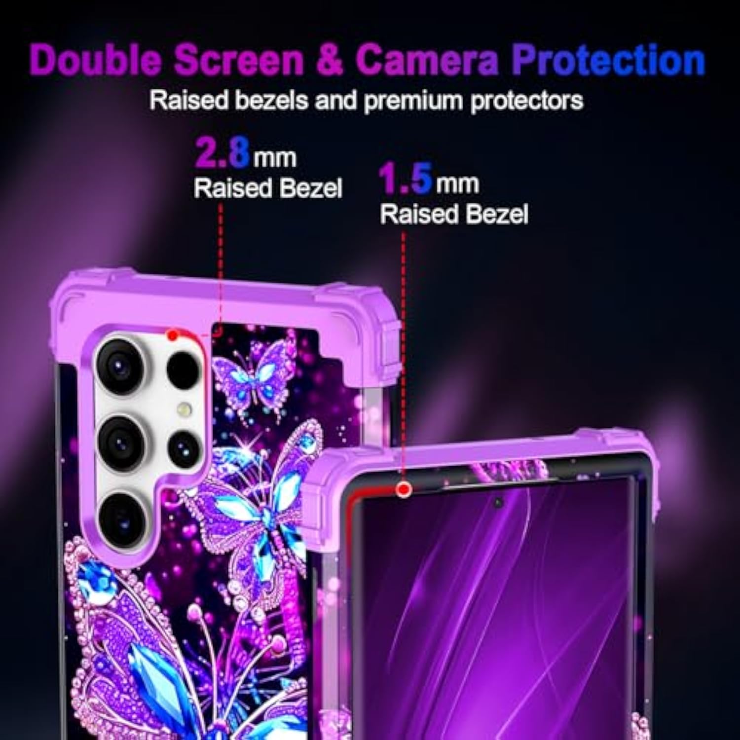 For Galaxy S22 Ultra 5G Case,Glow In The Dark Three Layer Heavy Duty Shockproof Full Body Protection Hard Plastic Bumper+Soft Silicone Case For Samsung Galaxy S22 Ultra 6.8 Inch,Dark Butterfly