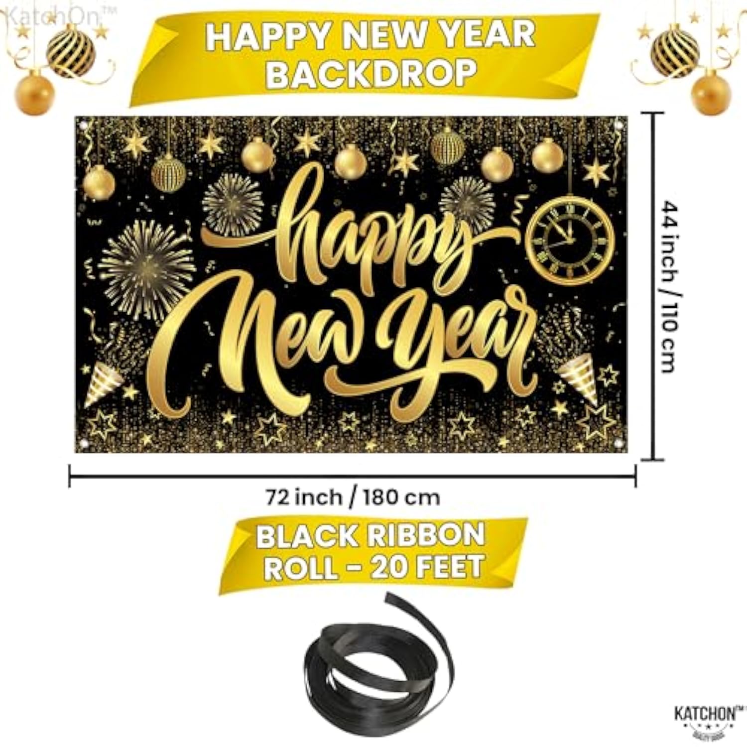 Xtralarge Happy New Year Banner 72x44 Inch 2026 Party Backdrop
