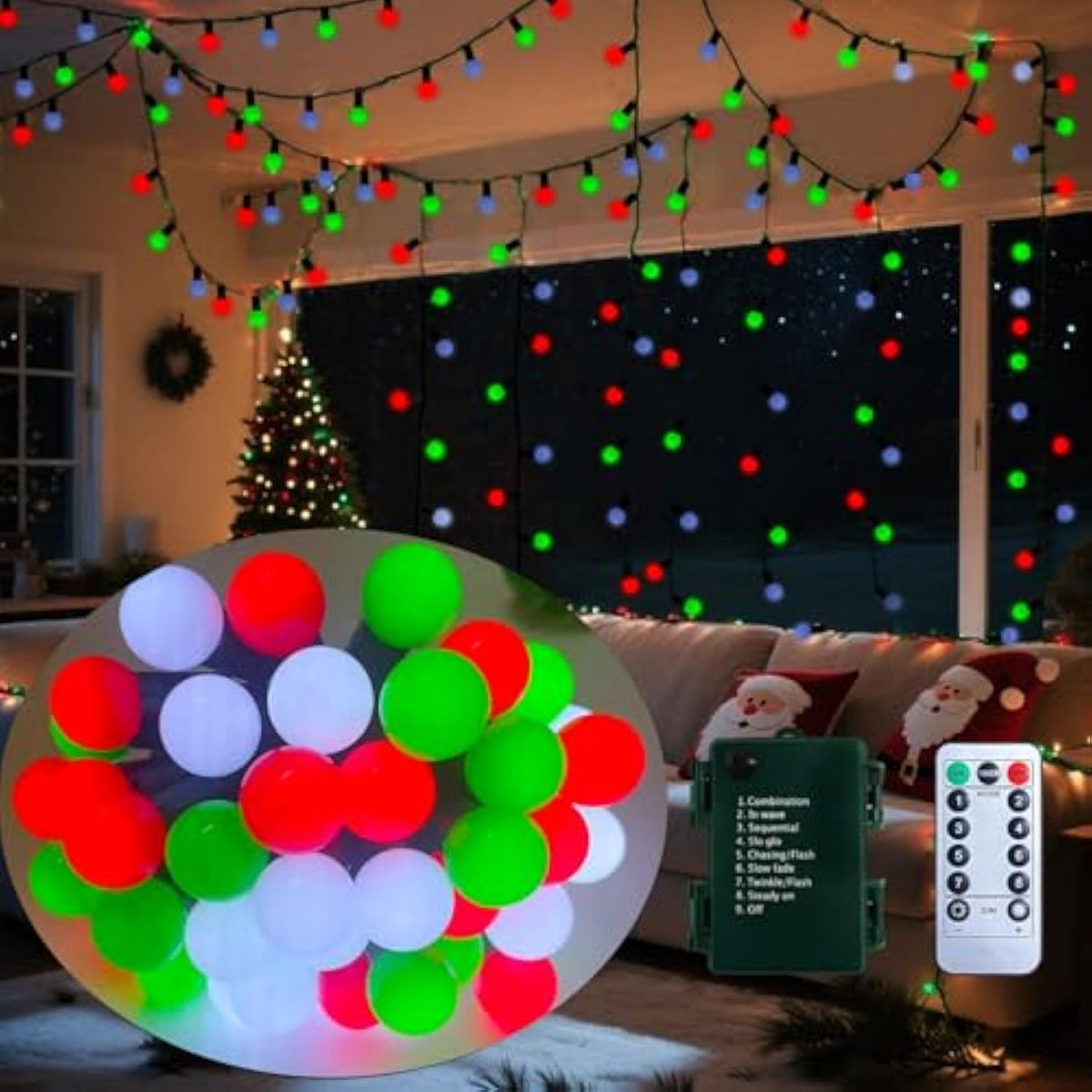 Battery Powered Christmas Lights Indoor, 18.9Ft Christmas Decorative Light With 50 Led Red White Green Globe Fairy Light