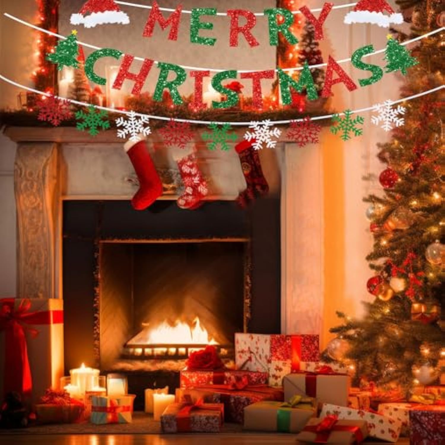 Merry Christmas Banner - Red & Green Glittery Christmas Bunting Garland With Snowflakes For Indoor Room Decoration
