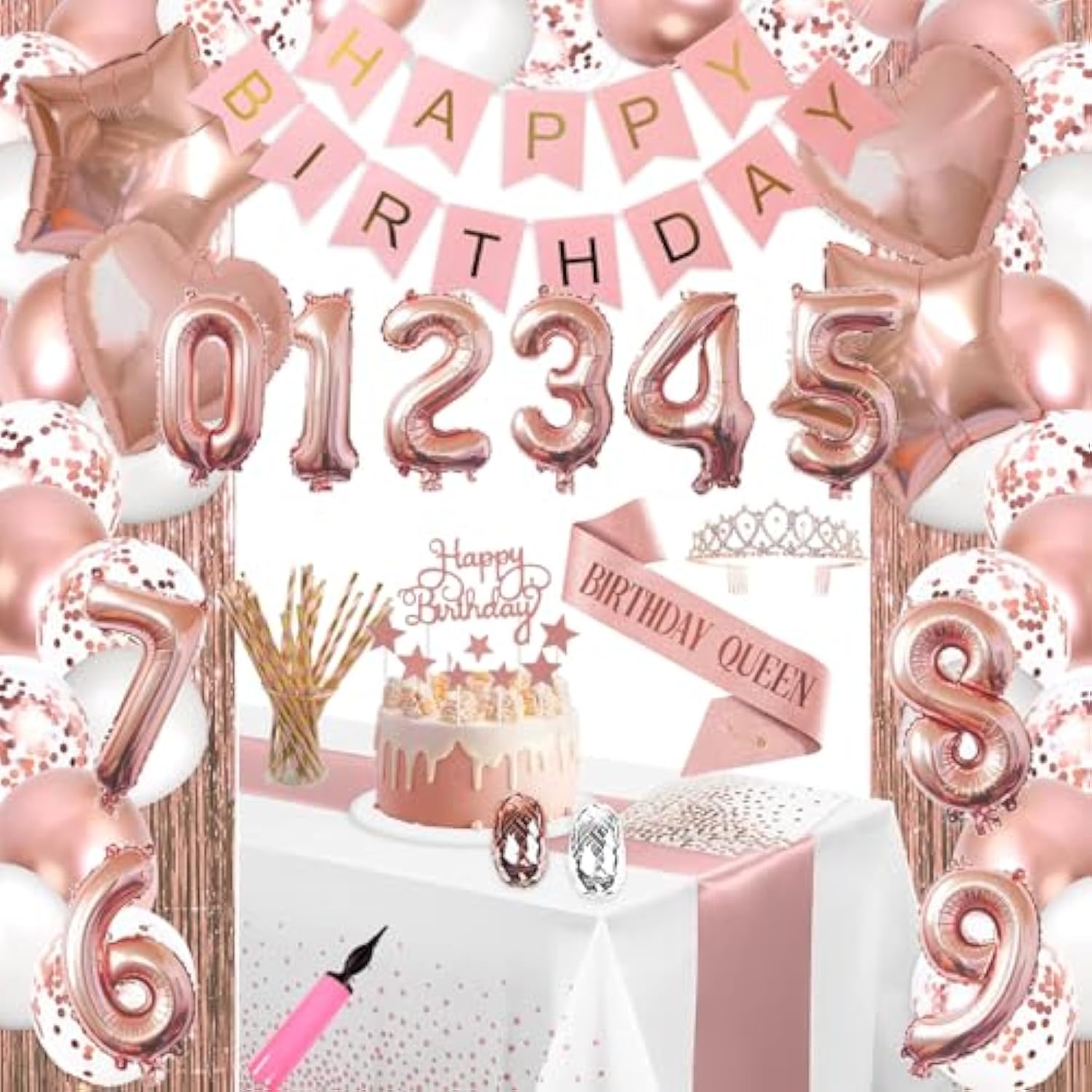 285Pcs Party Supplies Rose Gold Birthday Decorations For Girls And Women, Diy Number Ballons, Fringe Curtain, Tablecloth, Polka Dot Napkins Straws For 25 Guests