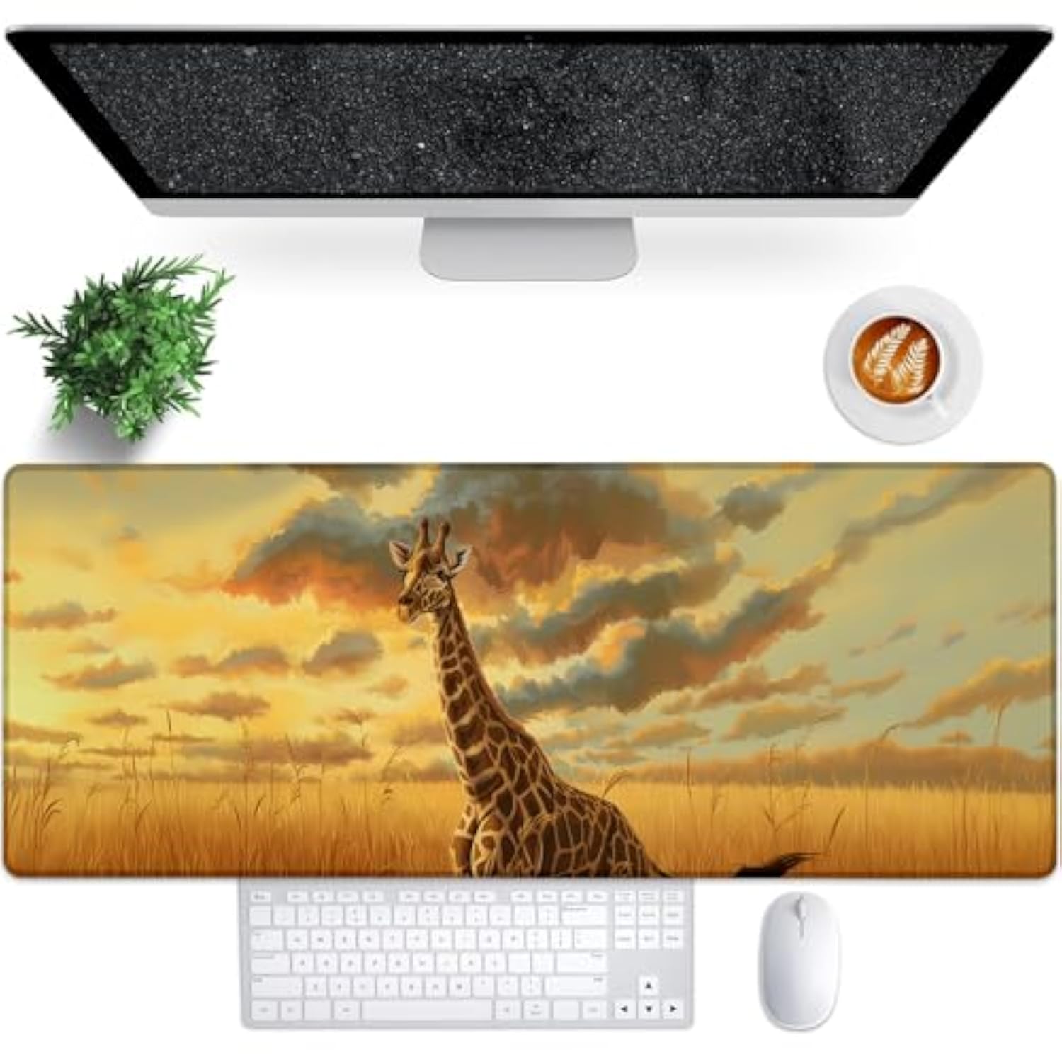 Cute Giraffe Gaming Mouse Pad, 31.5"×11.8" Extended Desktop Mouse Pads For Keyboard Laptop Computer, Large Desk Mat With Stitched Edges For Work Office Desk Decor (Sunset Giraffe)