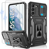 Samsung Galaxy S21 Case with Slide Camera Cover and HD Screen Protector, 360° Rotated Metal Kickstand, 14FT Military Grade Shockproof Protective Cover for Samsung S21, Black