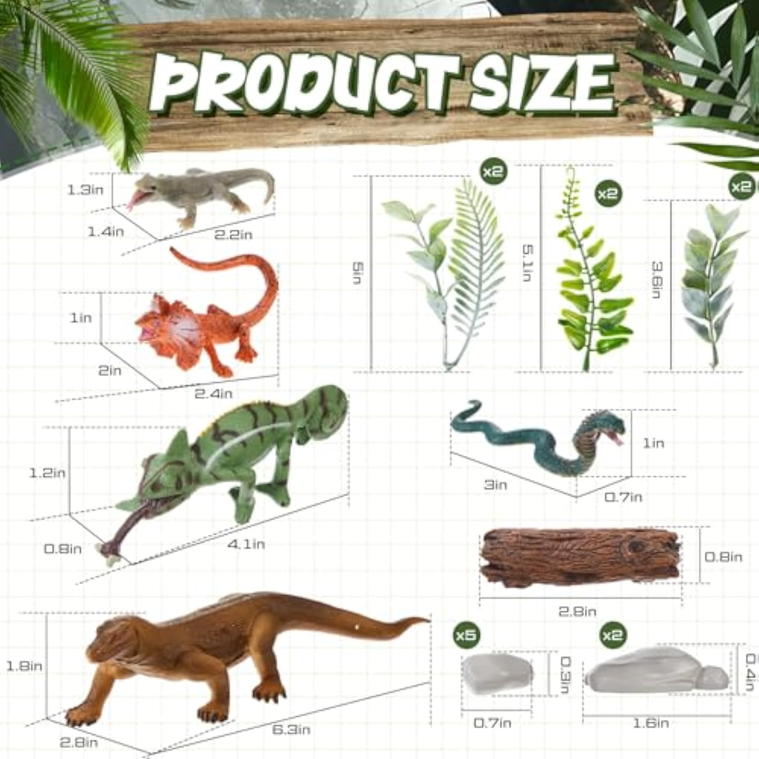 19Pcs Reptile Cake Toppers Safari Animals Cake Decorations Artificial Lizard Snake Model Leaf Stone Tree Stump Set Reptile Party Decoration For Birthday Baby Shower Theme Party Supplies
