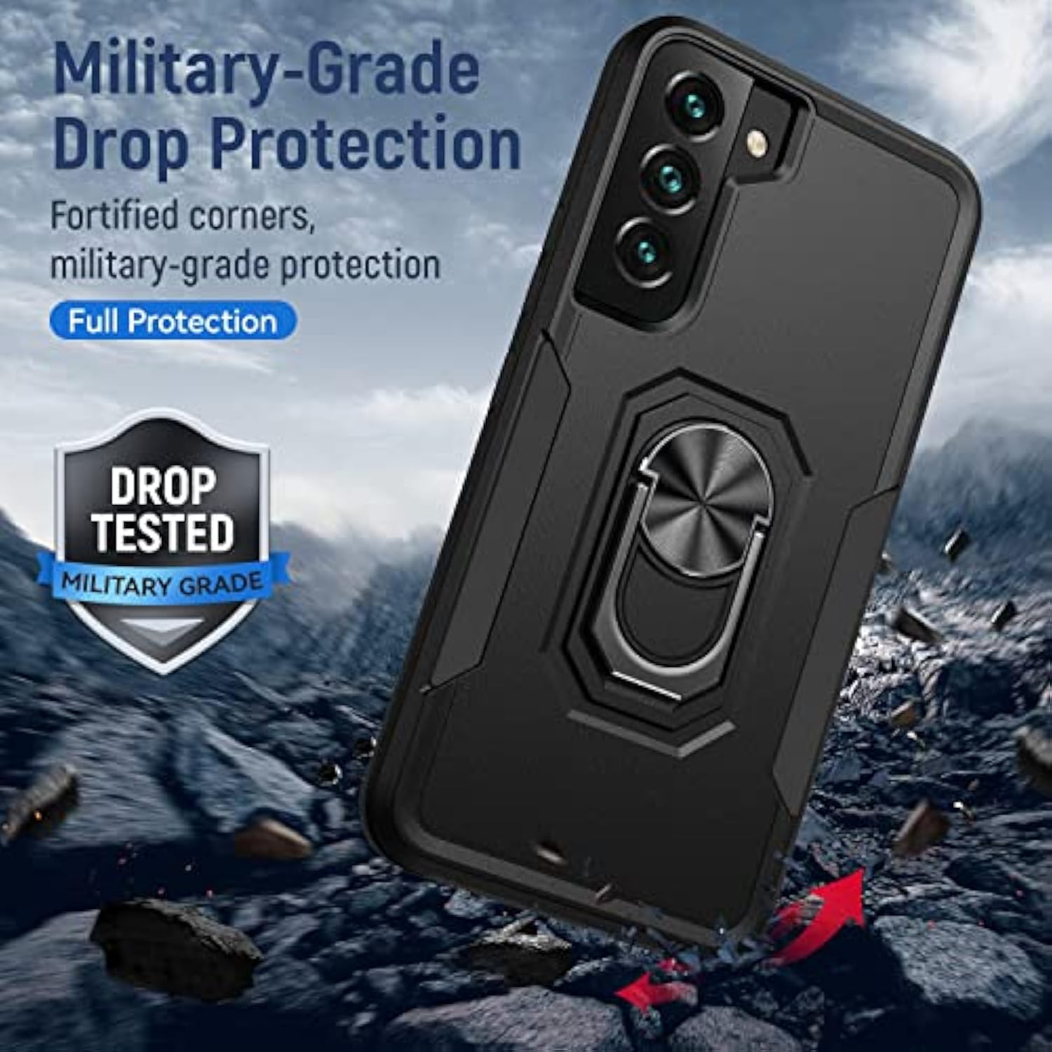 Compatible With Samsung Galaxy S22 Case With Screen Protector[Not For S22+],Heavy Duty Shockproof Full Body Phone Cover,Built In Finger Ring Stable Kickstand,2022 Black Matte