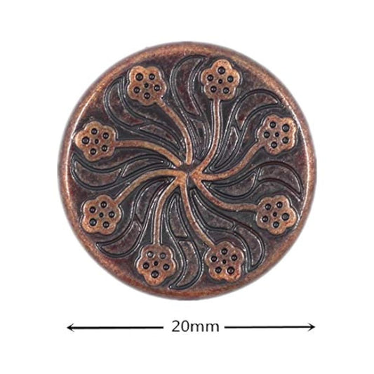 12 Pieces Flower Flourish Dark Copper Color Metal Shank Buttons. 20Mm