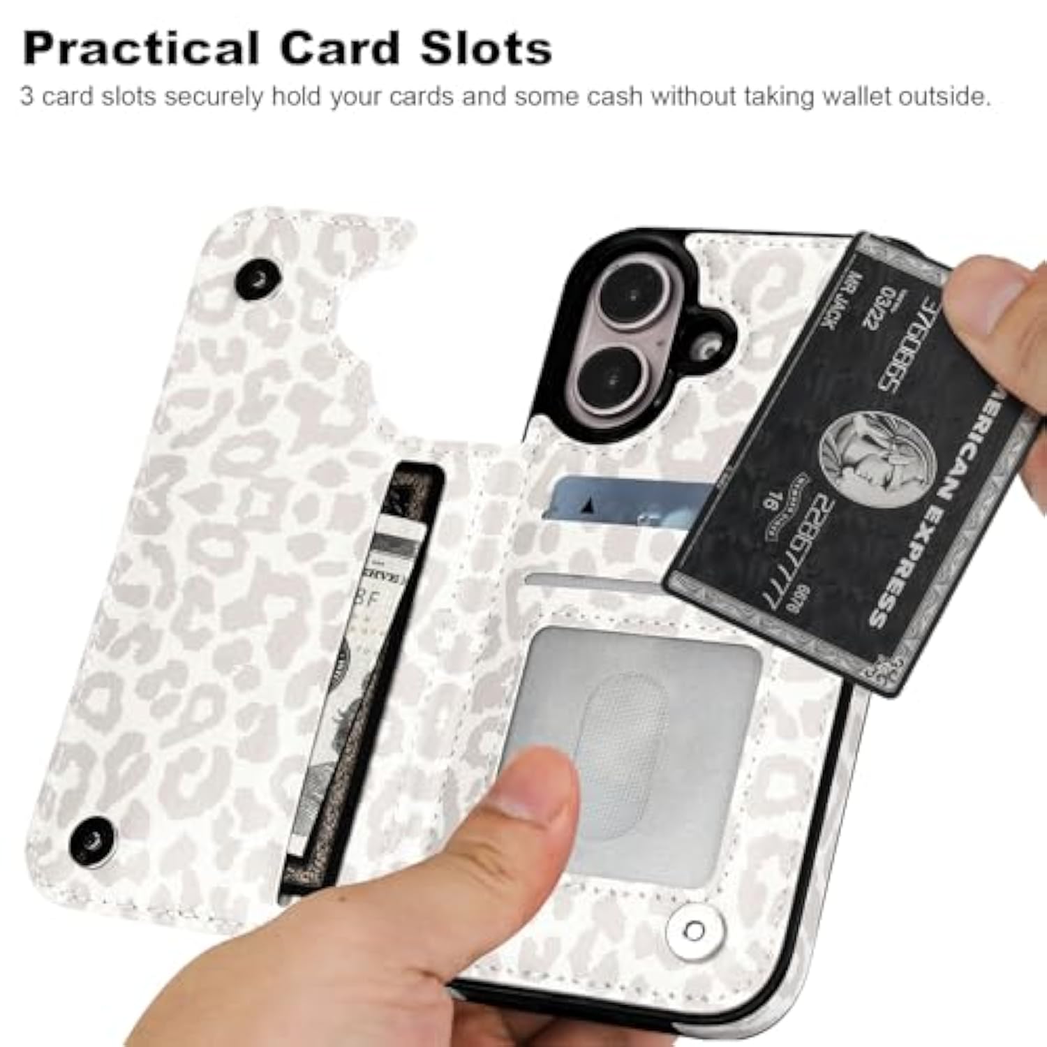 iPhone 16 Wallet Case, White Leopard PU Leather, Kickstand, Card Slots, Shockproof