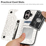 iPhone 16 Wallet Case, White Leopard PU Leather, Kickstand, Card Slots, Shockproof