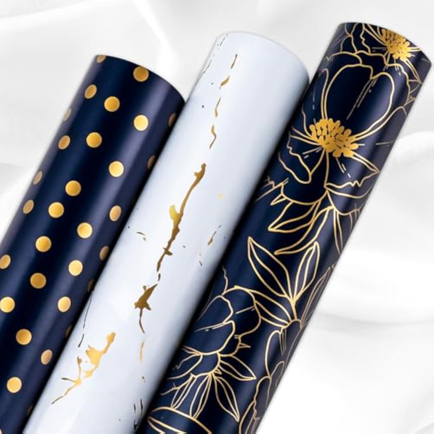 Gift Wrapping Paper Roll - 17 Inch X 120 Inch Per Roll Luxury Navy Gold Flower, Polka Dot & White Gold Marble Gift Wrap Paper For Men Birthday, Father'S Day, Christmas, Holiday, Graduation