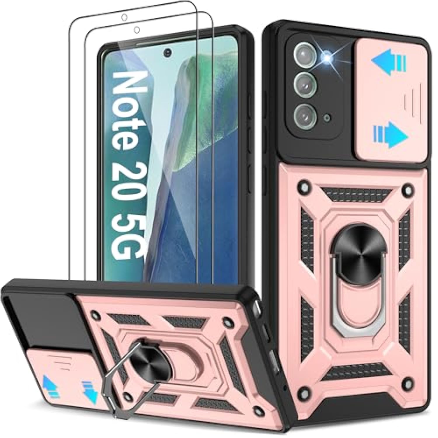 For Samsung Galaxy Note 20 5G Case With (2 Pcs) Hd Screen Protector, Heavy Duty Shockproof With 360° Rotation Kickstand [Military Grade] Protective Case For Note 20, Rose Gold