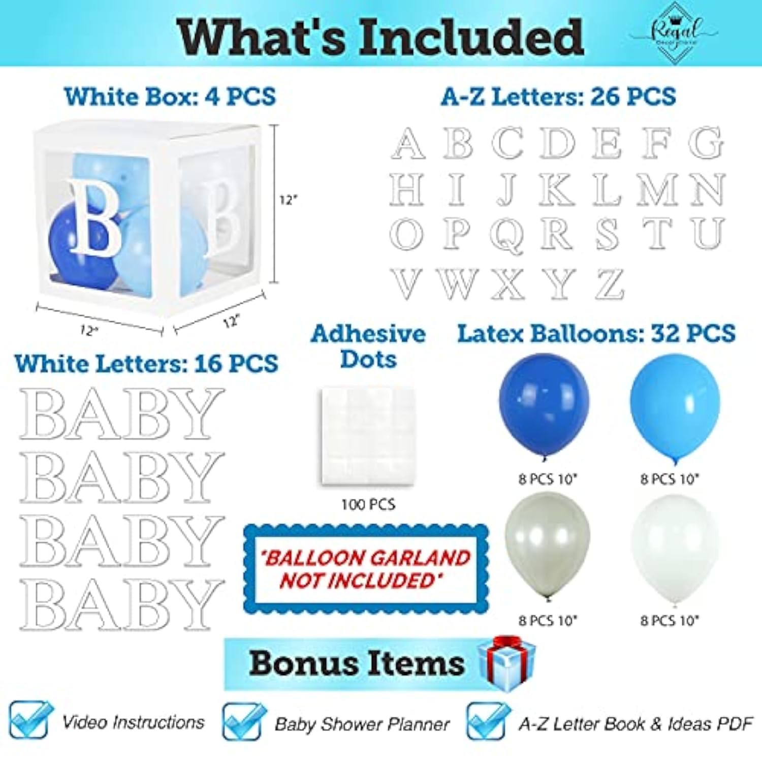 82Pcs Baby Shower Decorations For Boy – Blue White Gray Balloon Box Set With Alphabet Letters – Gender Reveal Party Decor – Transparent Display Cubes For Baby Shower