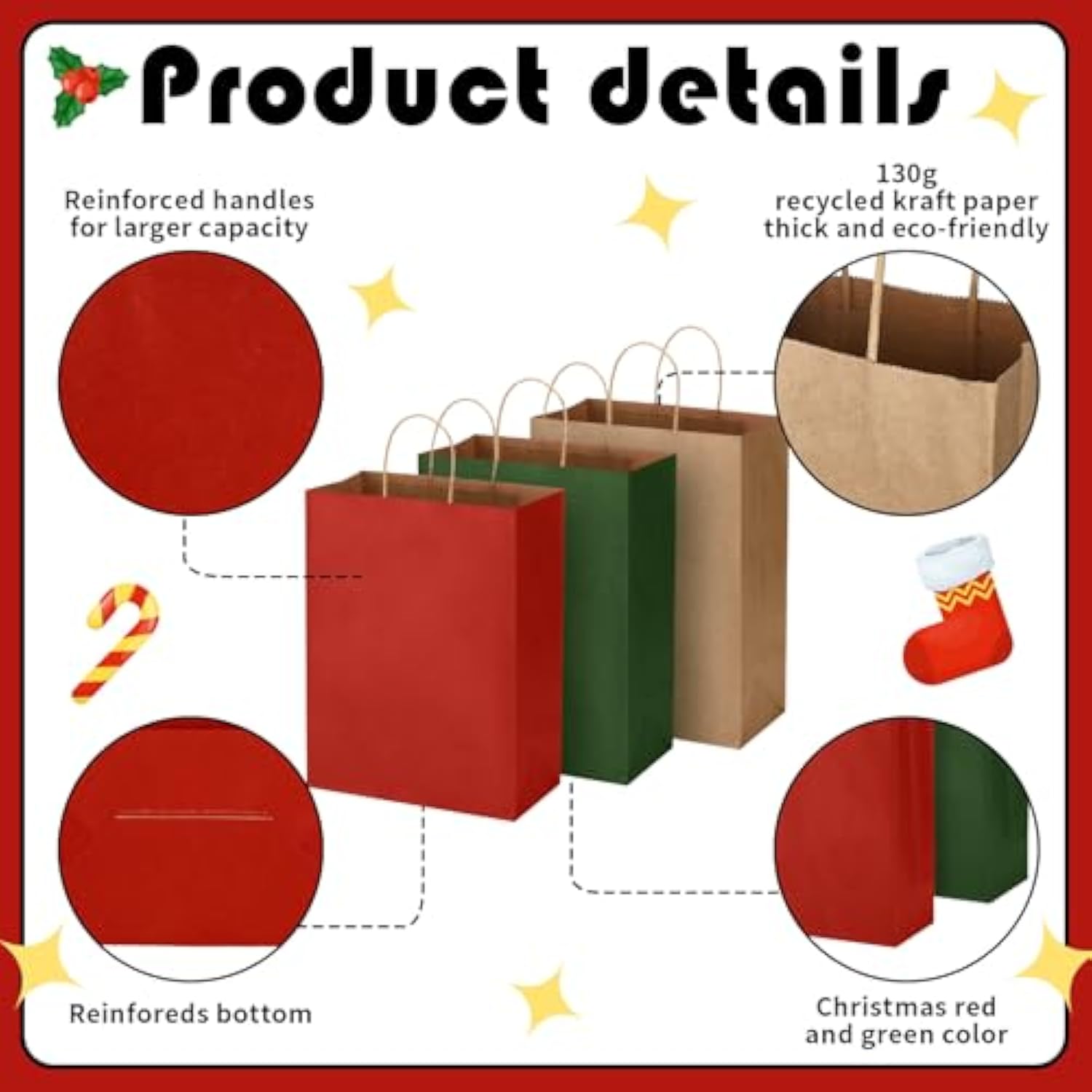 120 Pcs Brown Red And Green Christmas Gift Bags Holiday Gift Kraft Paper Bags With Handles For Wedding Baby Shower Bridal Shower Shopping Party Favor Business, 8.26 X 6.3 X 3.15 Inches