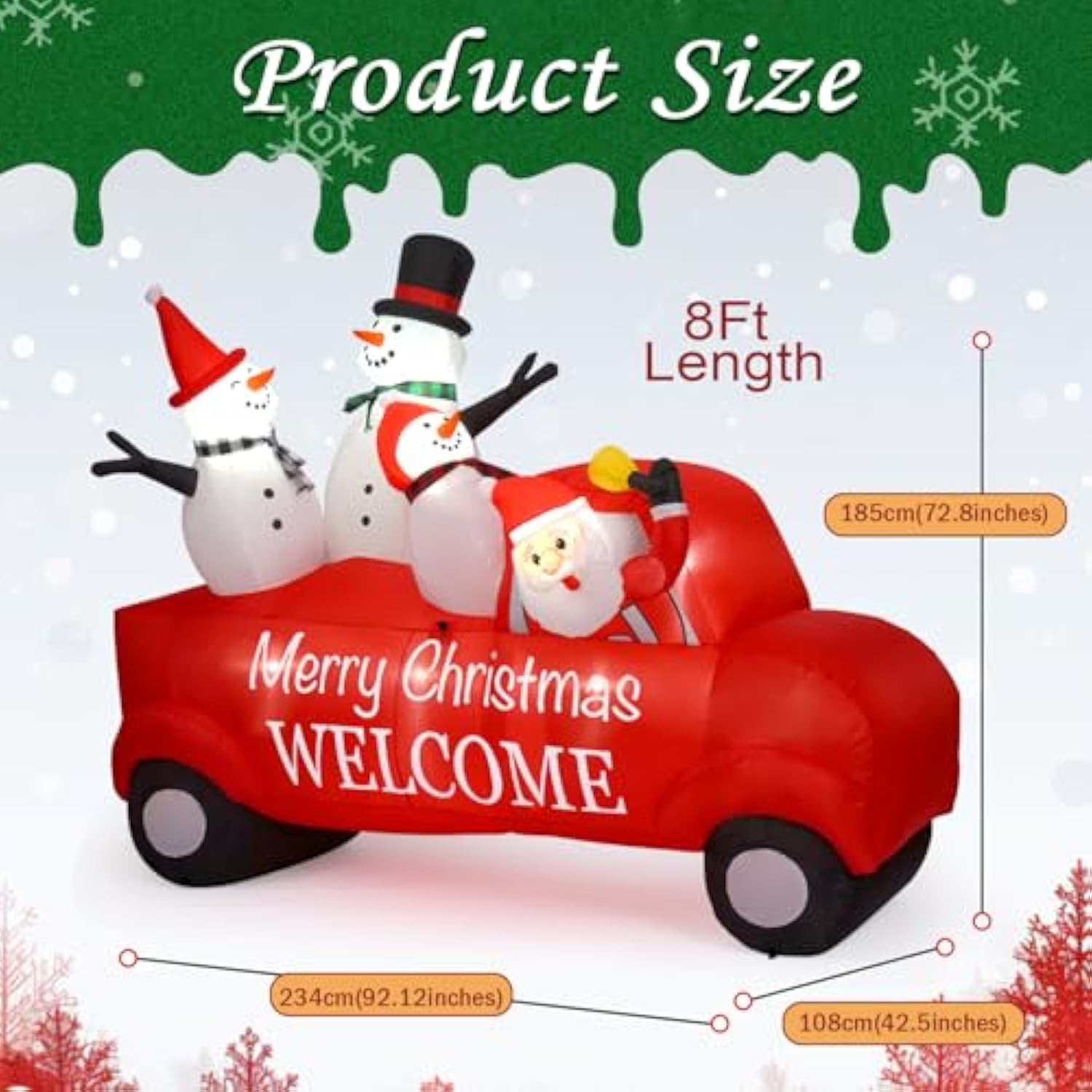 Outdoor Christmas Decoration, 8Ft Inflatable Christmas Santa Driving With Three Snowmen Decorations,Outdoor Christmas Bl