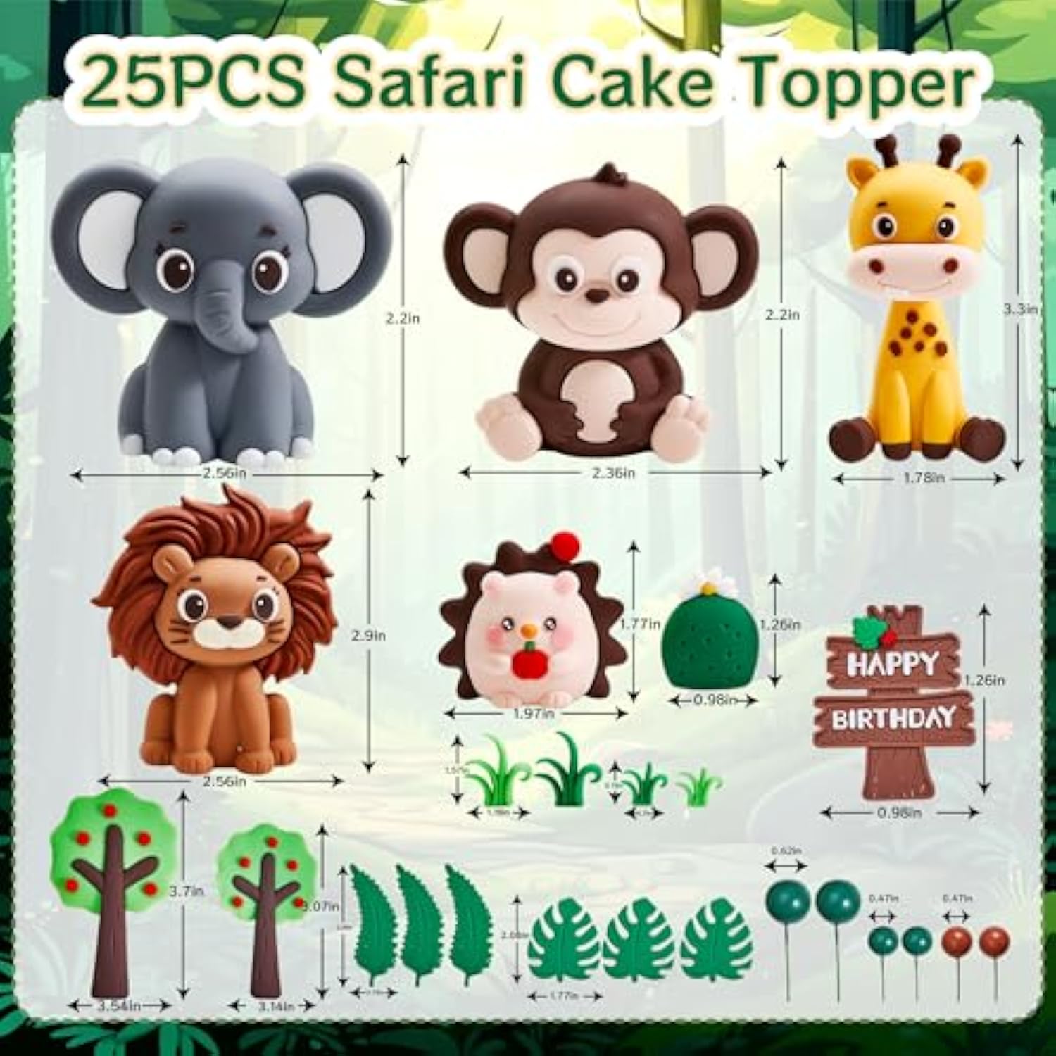 25Pcs Jungle Safari Cake Toppers Set - 3D Zoo Animals Cake Toppers With Trees & Leaves, Wild One Birthday Decor For Jungle Theme Parties Supplies, Safari Cake Decorations