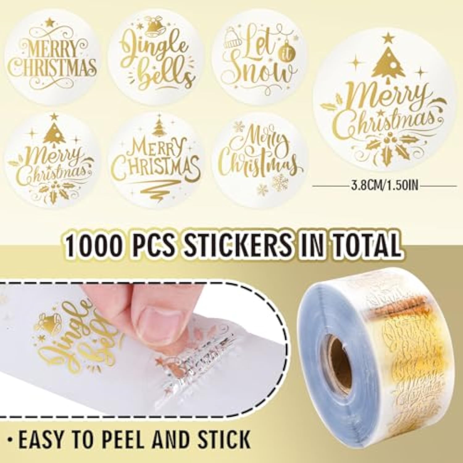 1000Pcs Clear Christmas Stickers Roll Gold Foil Merry Christmas Stickers Xmas Winter Holiday Round Adhesive Label Stickers Decal For Xmas Envelopes Invitations Cards Gifts Decor, 6 Designs