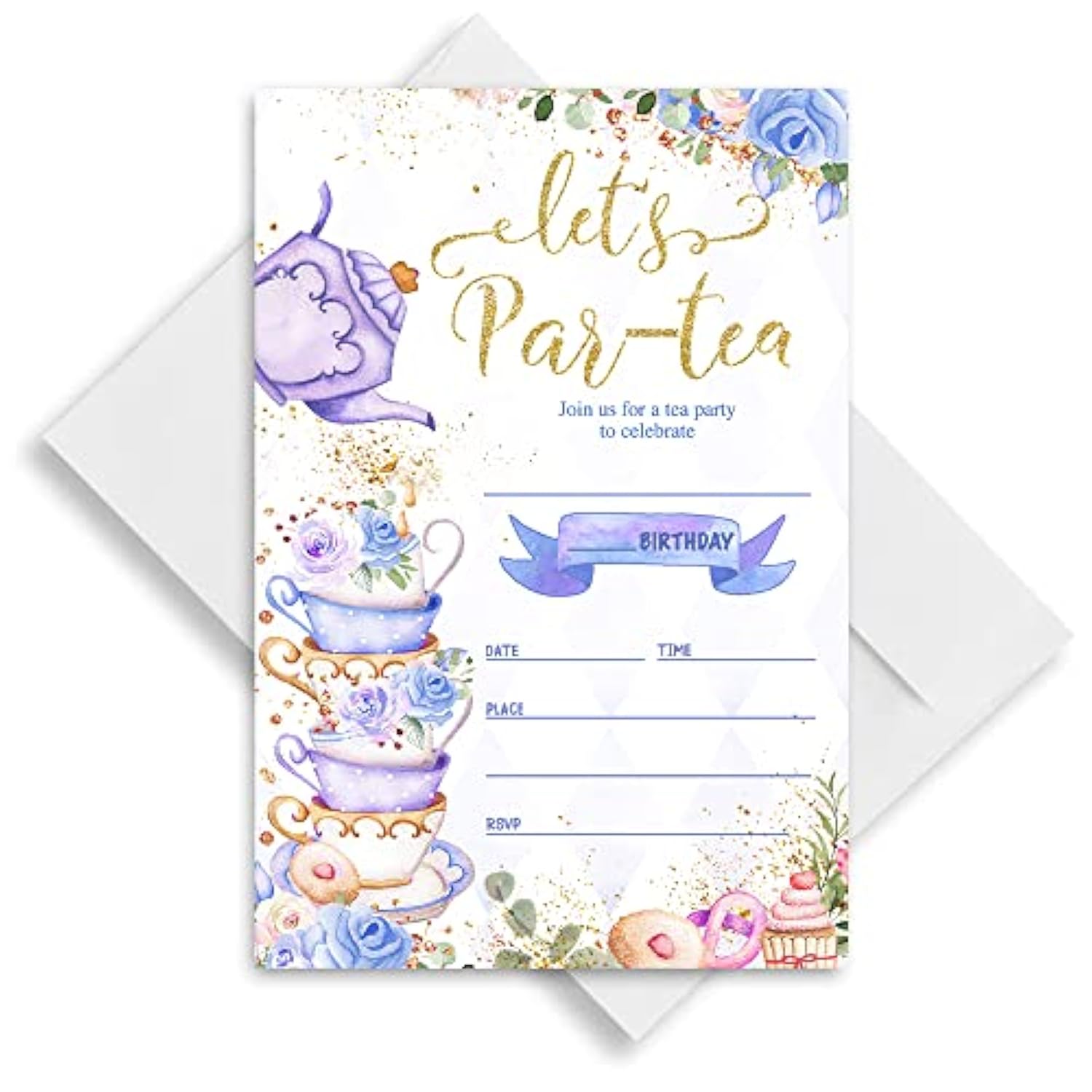 Partiness Tea Party Birthday Invitations For Girls, Purple And Gold Par-Tea Invite, Tea Birthday Party Invites Decorations. (056)