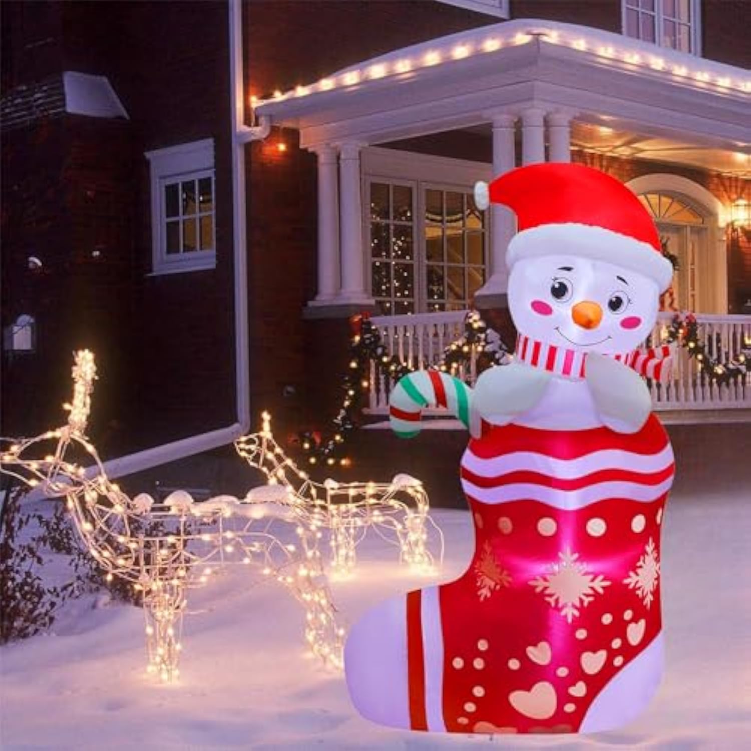 Christmas Inflatables Outdoor Decorations, 5Ft Inflatable Snowman In Xmas Stocking, Lighted Blow Up Snowman Standing On