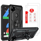Google Pixel 4A 5G Heavy Duty Armor Case with 2 Pack Tempered Glass Screen Protector, Magnetic Ring Stand Phone Case Black