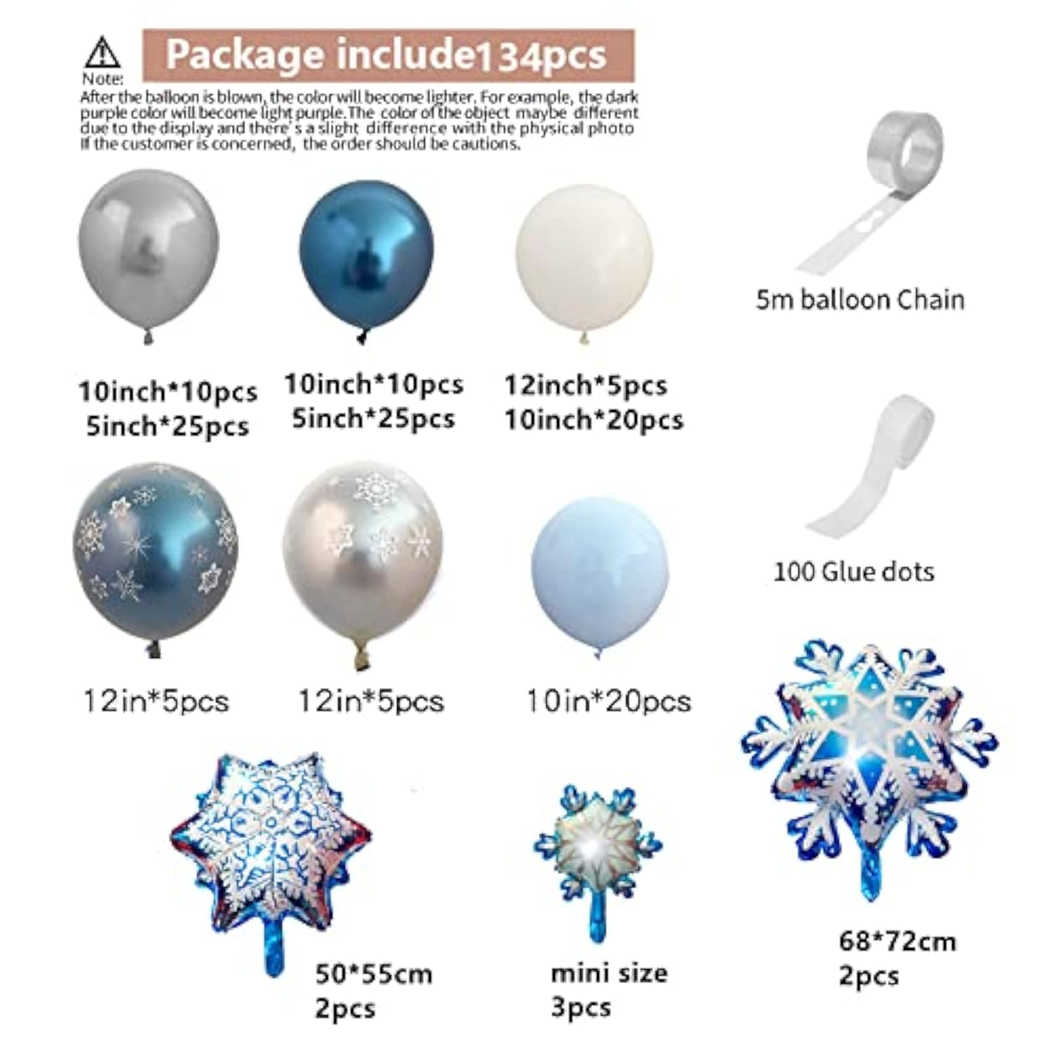 132Pcs Ice Snow Queen Metal Balloons Double Layer Snowflake Decoration