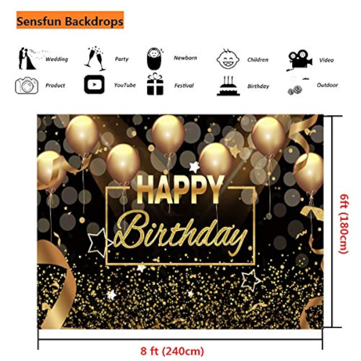 Happy Birthday Party Backdrop Banner Black Gold Balloons Glitter Bokeh Spots Men Women Bday Photography Background For Adult Birthday Cake Table Decoration Supplies Photo Booth Backdrops 8X6Ft
