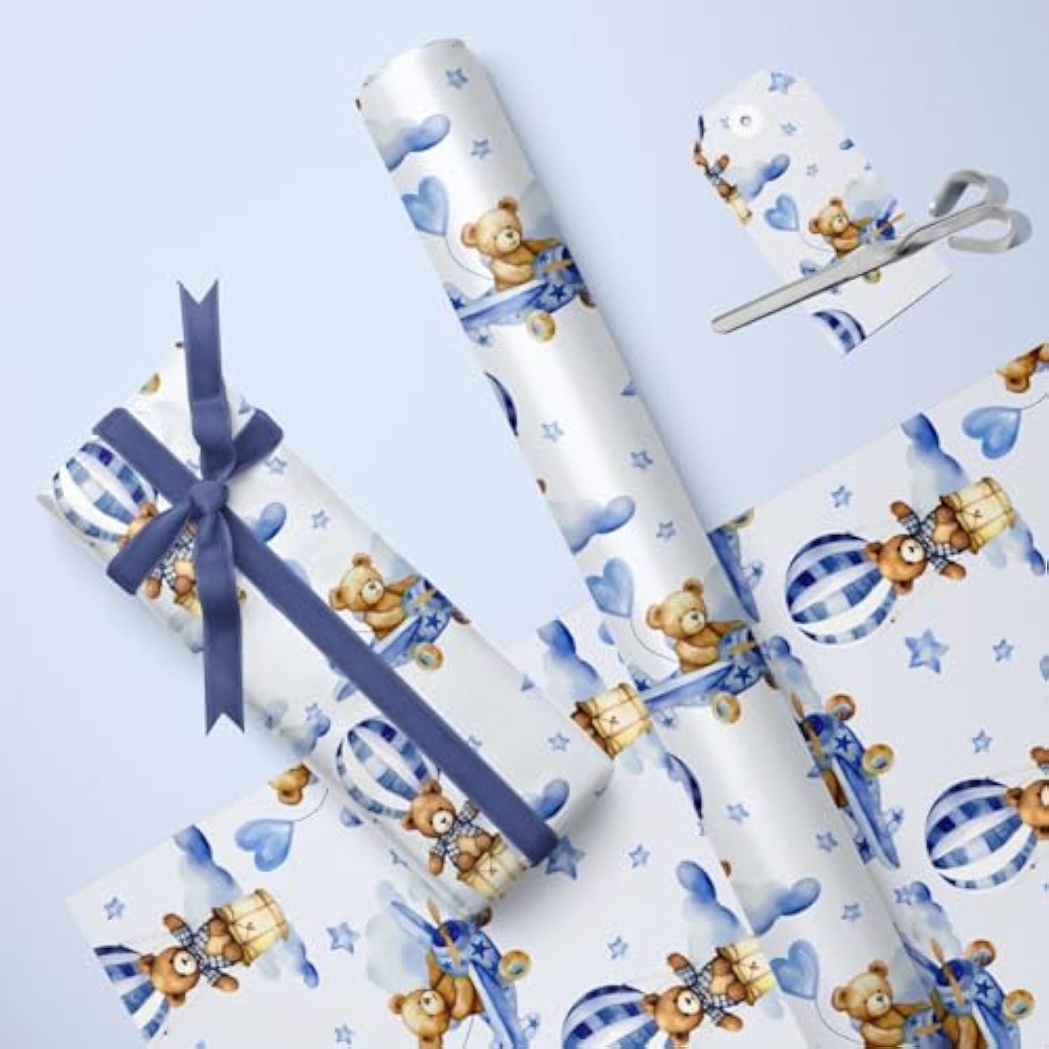 Baby Bear Wrapping Paper Roll, Blue Teddy Bear In Hot Air Balloon Design For Baby Boy Birthday, Baby Shower, Mini Roll, 17 Inches X 32.8 Feet (46.45 Sq.Ft.)