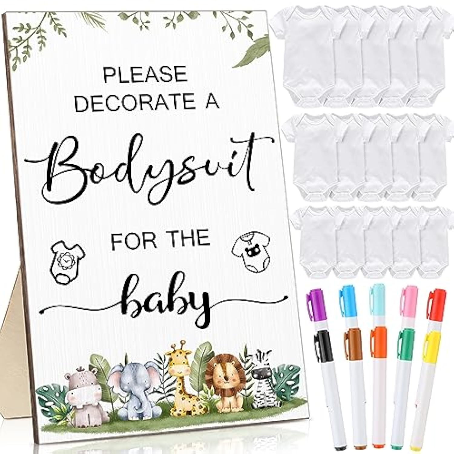 26 Pcs Baby Shower Games Diy Bodysuit Set 1 Wooden Sign 15 White Bodysuits 10 Fabric Markers For Birth Decorating Kit(Woodland Animal)