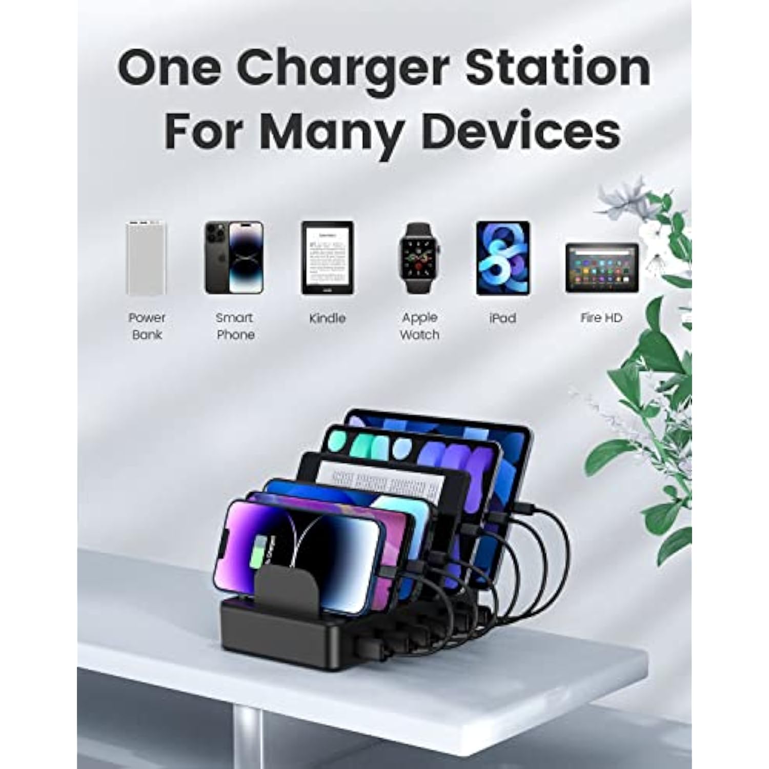 50W 6 Ports Multi Charger Station With 6 Charging Cables, Usb Charging Dock For Multiple Devices, Compatible With Cellphone Ipad Kindle Tablet And Other Electronic Devices