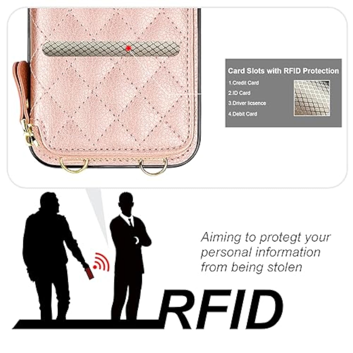 Crossbody Wallet Case For Iphone 15, Rfid Blocking Pu Leather Zipper Handbag Purse Flip Cover, Kickstand Folio Case With Card Slots Holder Wrist Strap Lanyard 5G 6.1 Inch (Rose Gold)