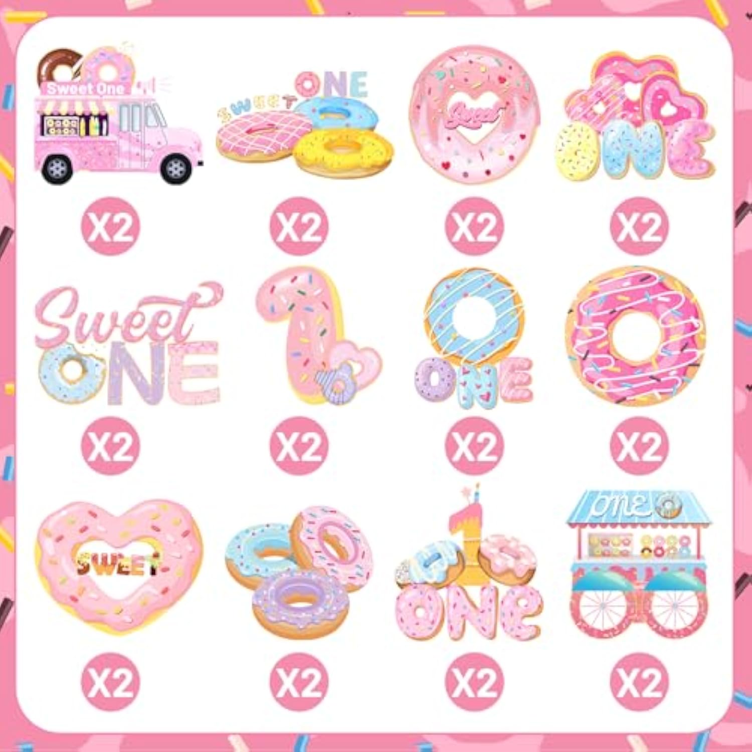 24 Pcs Donut Sweet One Birthday Party Decorations, Donut Party Cupcake Topper Decorations For Girls 1St Birthday Party Baby Shower Supplies