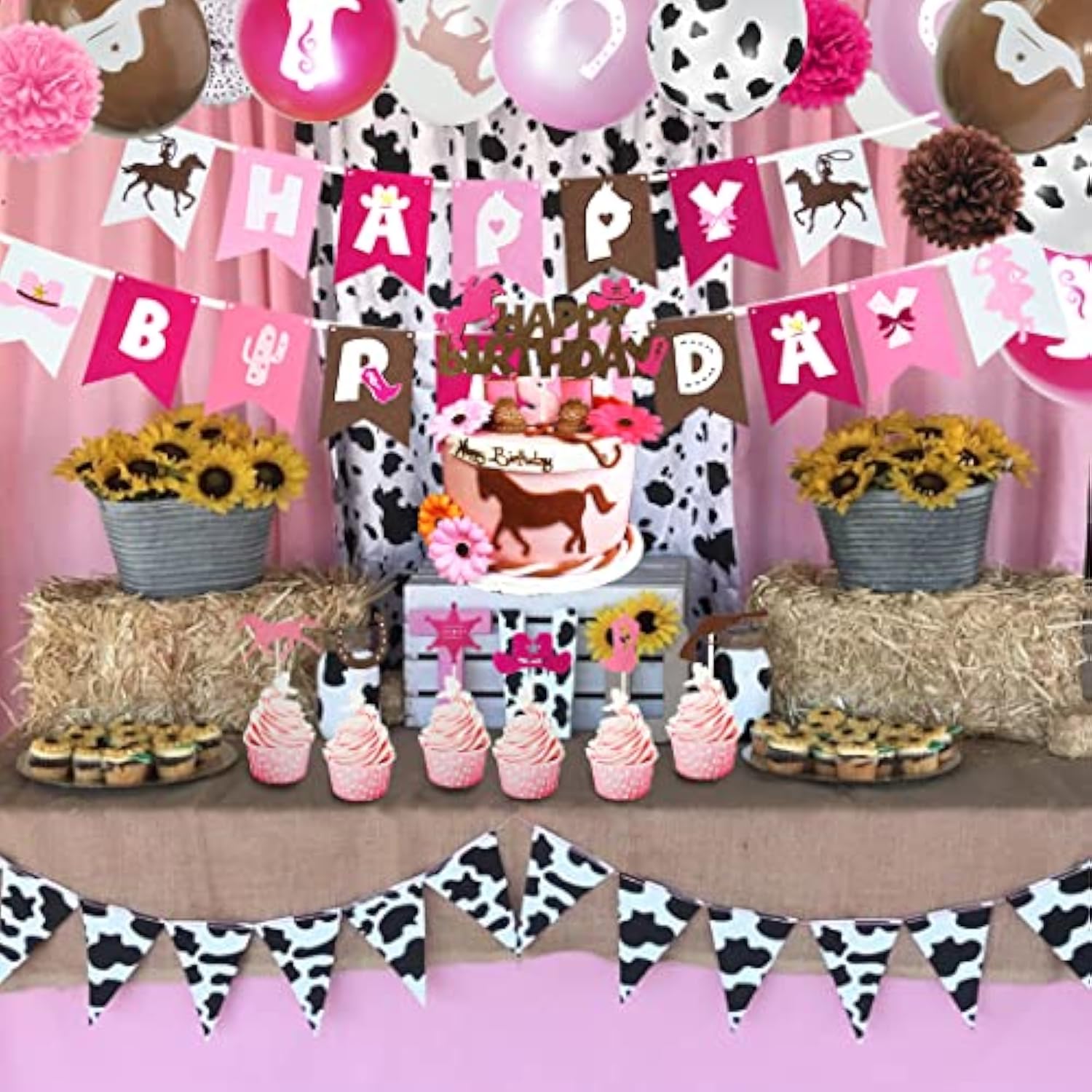 Pink Cowgirl Birthday Party Decor – Western Rodeo Theme with Banner, Balloons, Garland & Toppers
