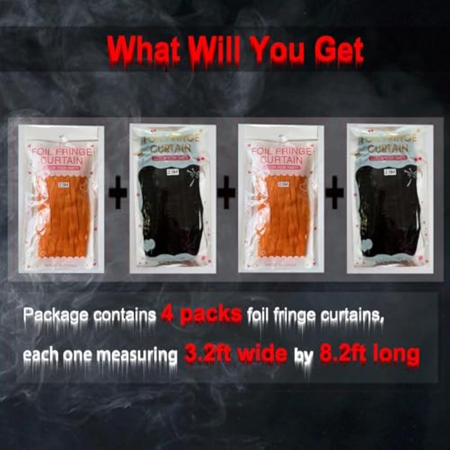 4 Pack Orange Black Foil Fringe Curtains 3.2x8.2ft Backdrop for Party Decorations