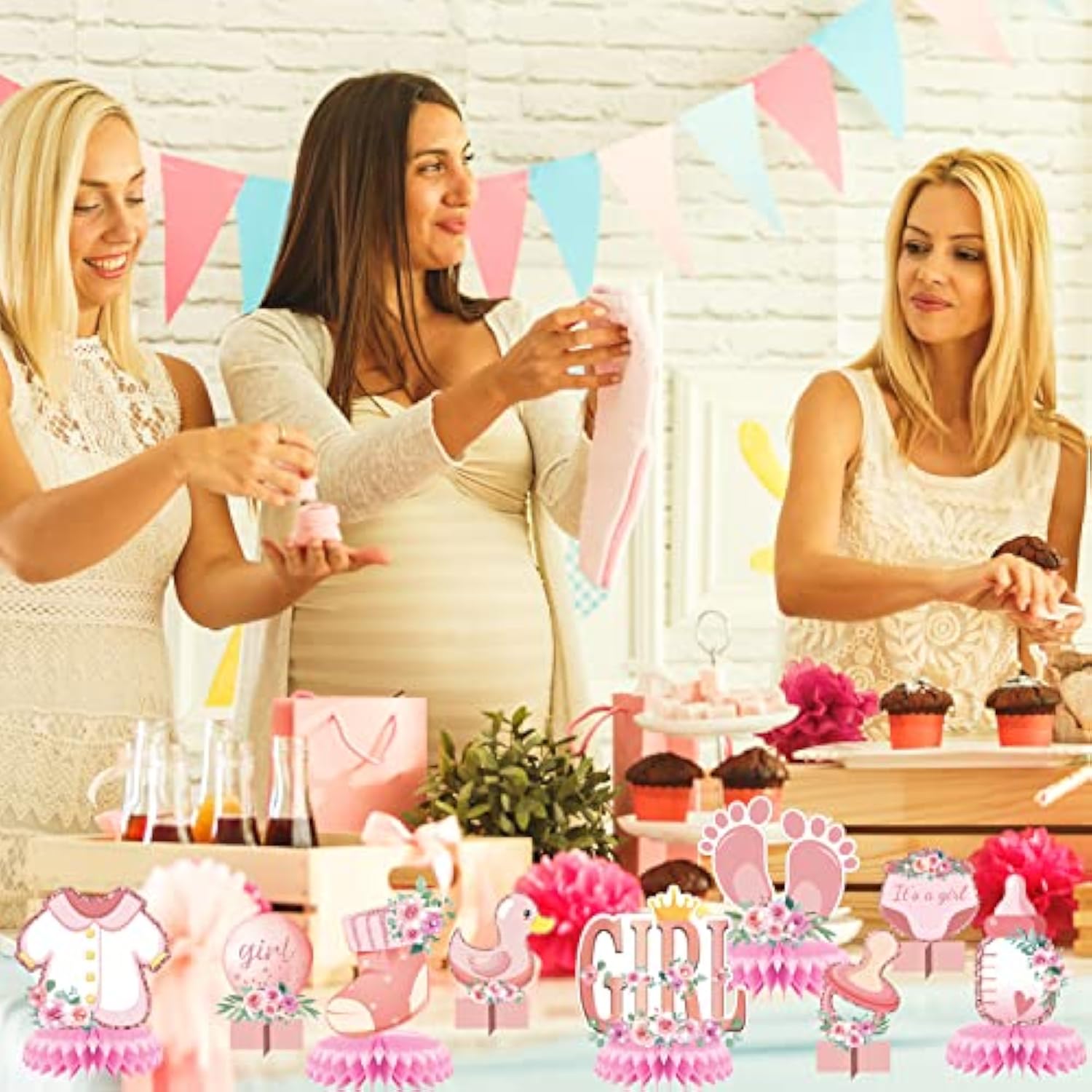 13 Pcs Pink Baby Shower Centerpieces For Tables,Honeycomb Centerpiece