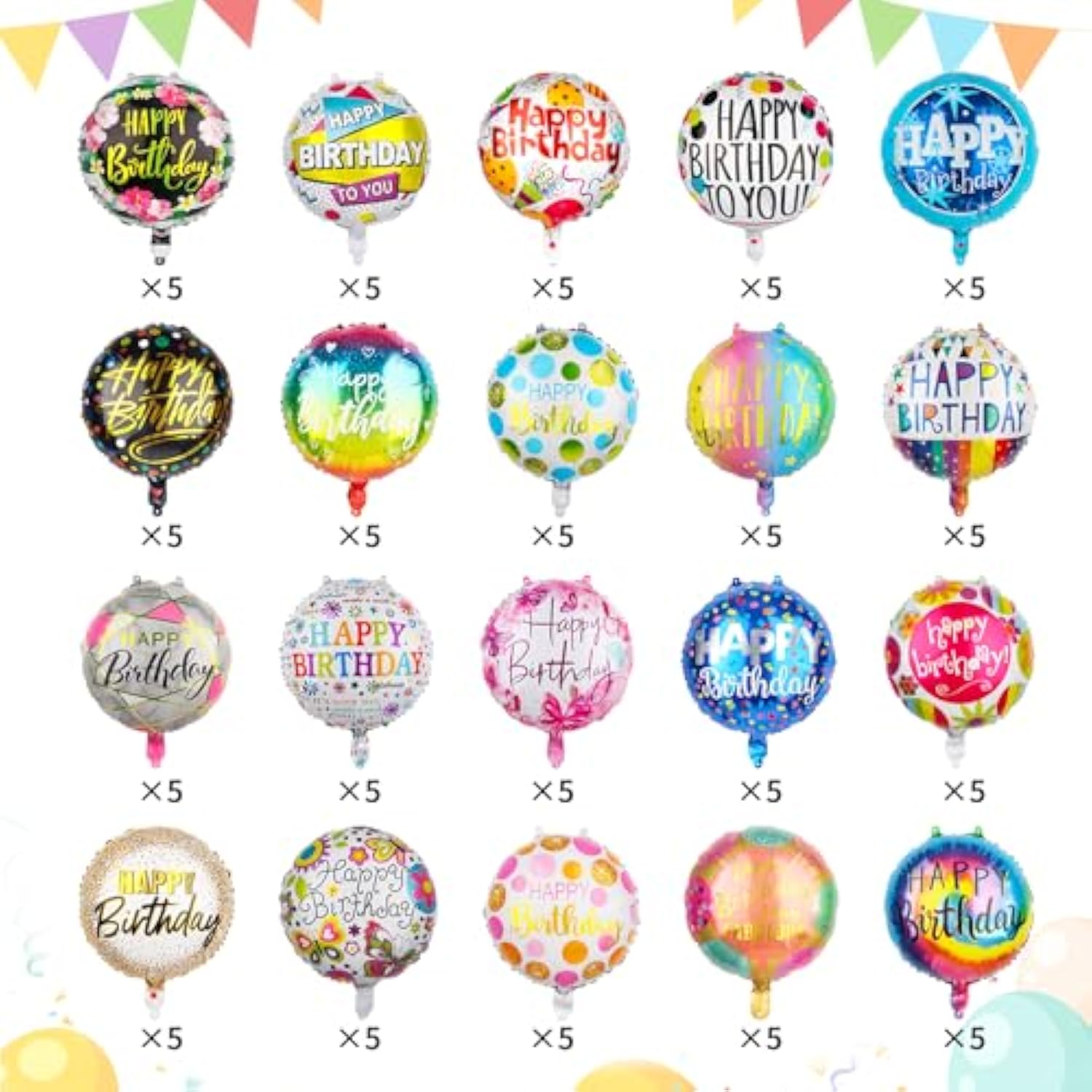 100pcs 18" Happy Birthday Foil Balloons – Assorted Patterns for Party Decor