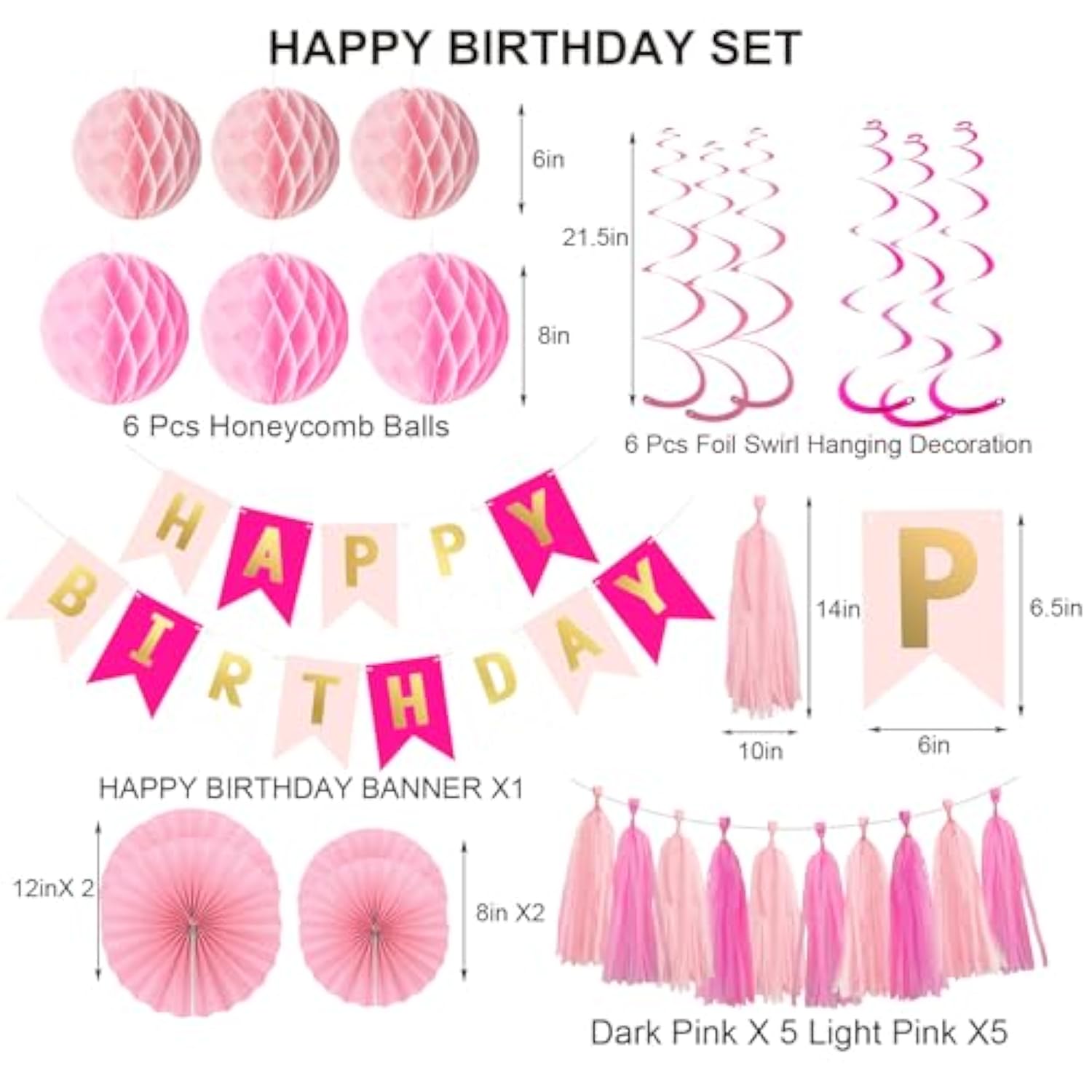 Pink Birthday Decorations, Happy Birthday Banner With Honeycomb Balls, Hanging Swirl Streamers Tassel ,Pink Paper Fans Birthday Party Decorations For Women Girls Happy Birthday Decorations