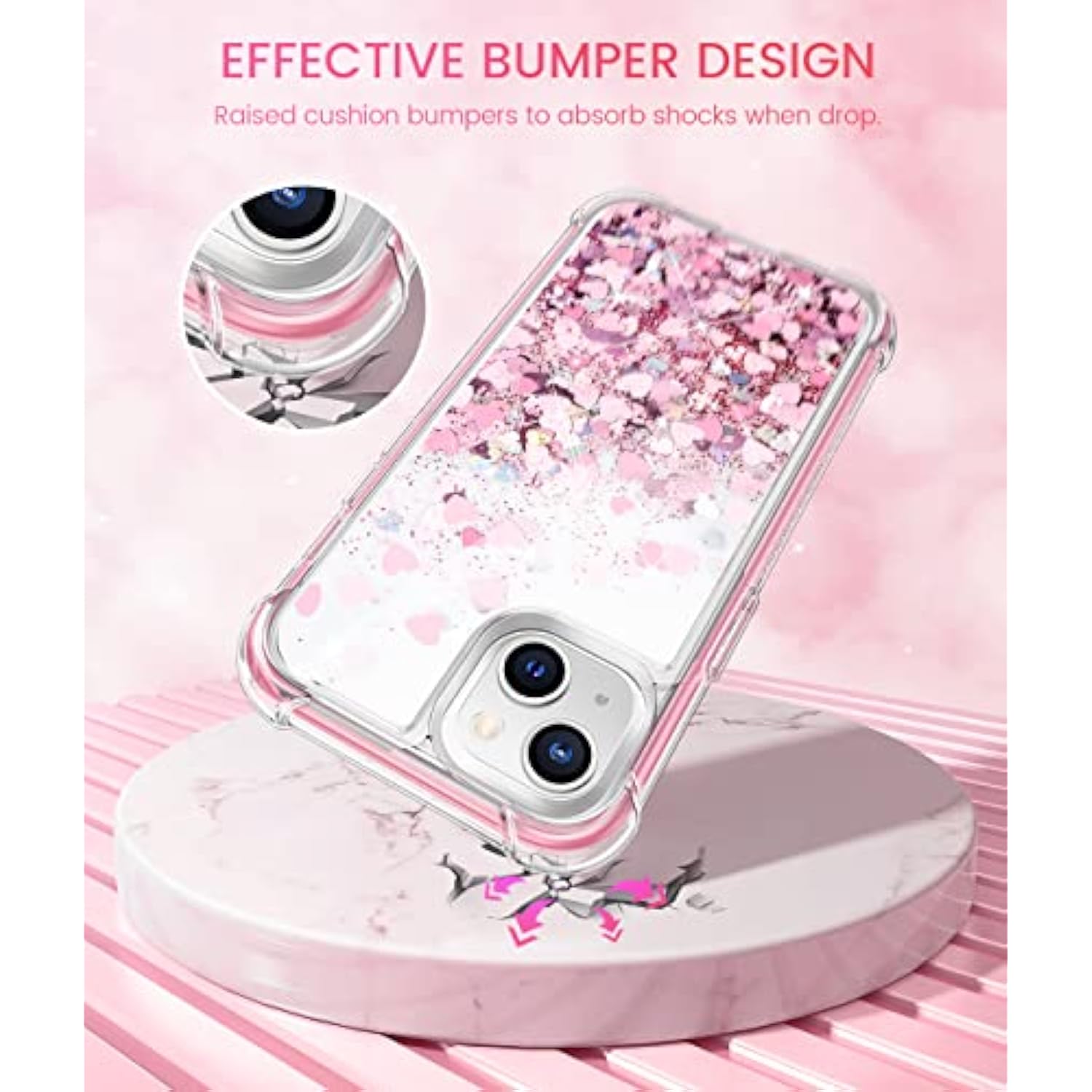 Glitter Case For Iphone 13 & Iphone 14 For Women Girls, Full Body Bling Sparkle Liquid Shockproof Protective Phone Cover With Built-In Screen Protector – Pink