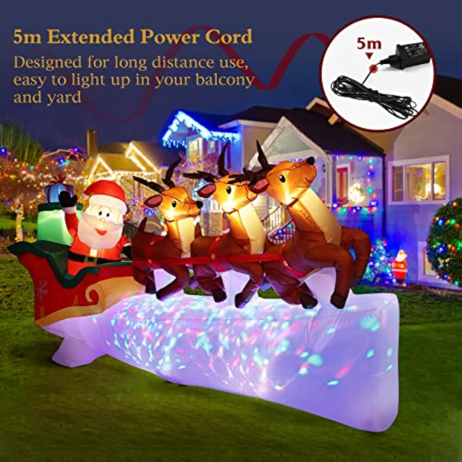 Christmas Inflatables, 10.8 Ft Waterproof Light Up Santa Claus Sleigh Christmas Deer Outdoor Decorations With Built-In L