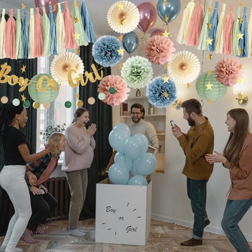Gender Reveal Decorations Dusty Pink and Blue Baby Shower Decorations Boy Or Girl Banner Sage Dusty Pink Blue Paper Pom Poms Fans Paper Tassel Garland for Baby Girls Boys Shower Party Decor