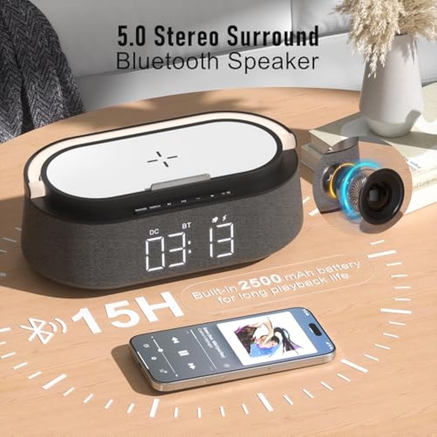 Bluetooth Speaker With Wireless Charger, 6 In 1 Bedroom Portable Speakers With Fm Radio, Adjustable Led Night Light, Dual Wireless Charger, Phone Stand For Bedside, Home, Office, Gift