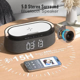 Bluetooth Speaker With Wireless Charger, 6 In 1 Bedroom Portable Speakers With Fm Radio, Adjustable Led Night Light, Dual Wireless Charger, Phone Stand For Bedside, Home, Office, Gift