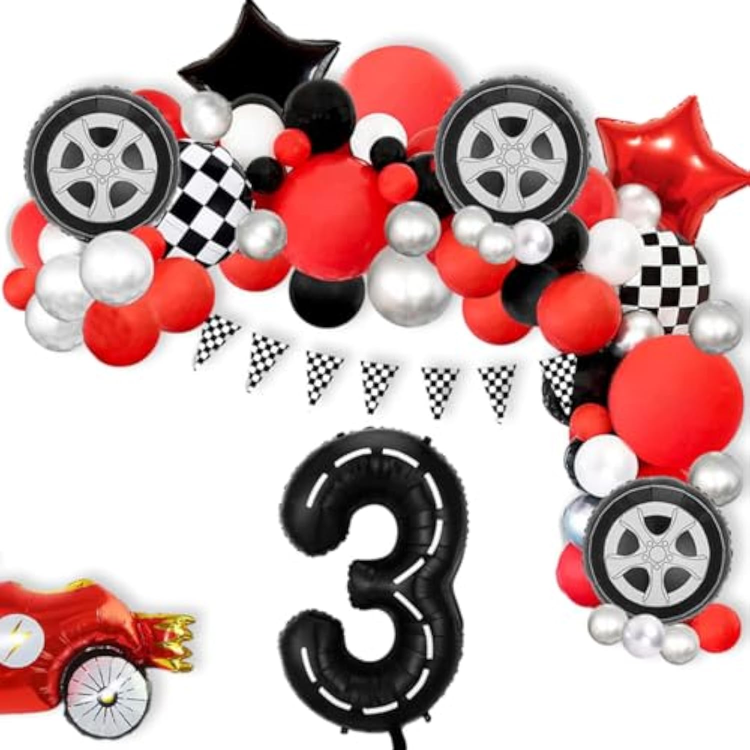 Race Car Birthday Balloons Decorations, 40 Inch Racetrack Black Number 3 Balloon, Large Mylar Black 3 Balloon For 3St Birthday Race Car Theme Party Decor Supplies 7 Pcs