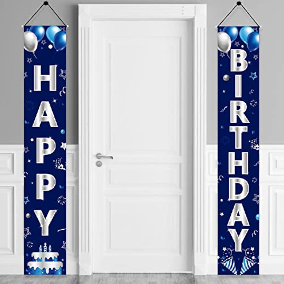Blue & Silver Happy Birthday Banner: Party Door Decor