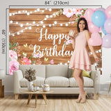 Happy Birthday Backdrop Banner for Women Rustic Wooden 7X5ft (84x59 inch) Large Happy Birthday Banner Decorations Pink Floral Party Decoration Background for 20th 30th Women Girl