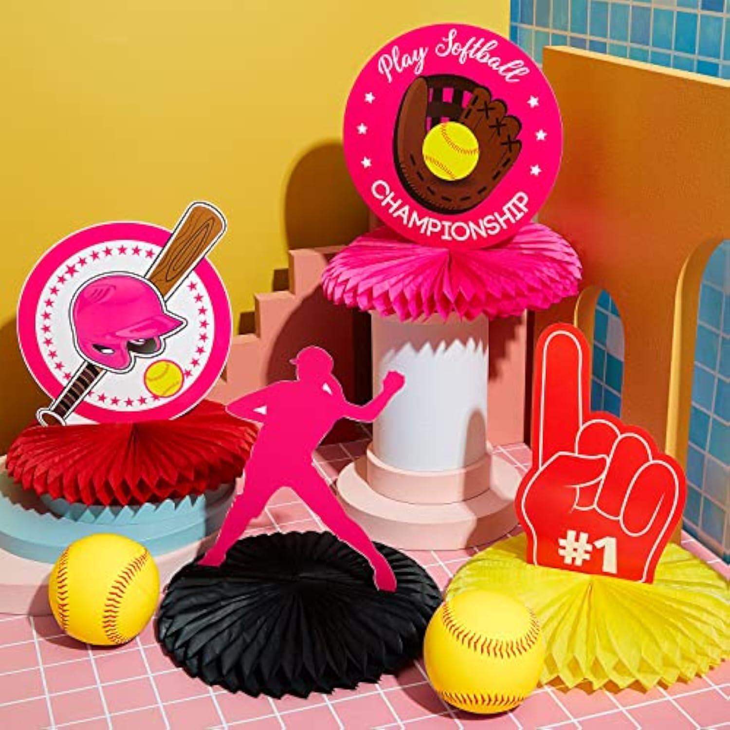 12 Pieces Softball Party Decorations Softball Honeycomb Centerpieces T