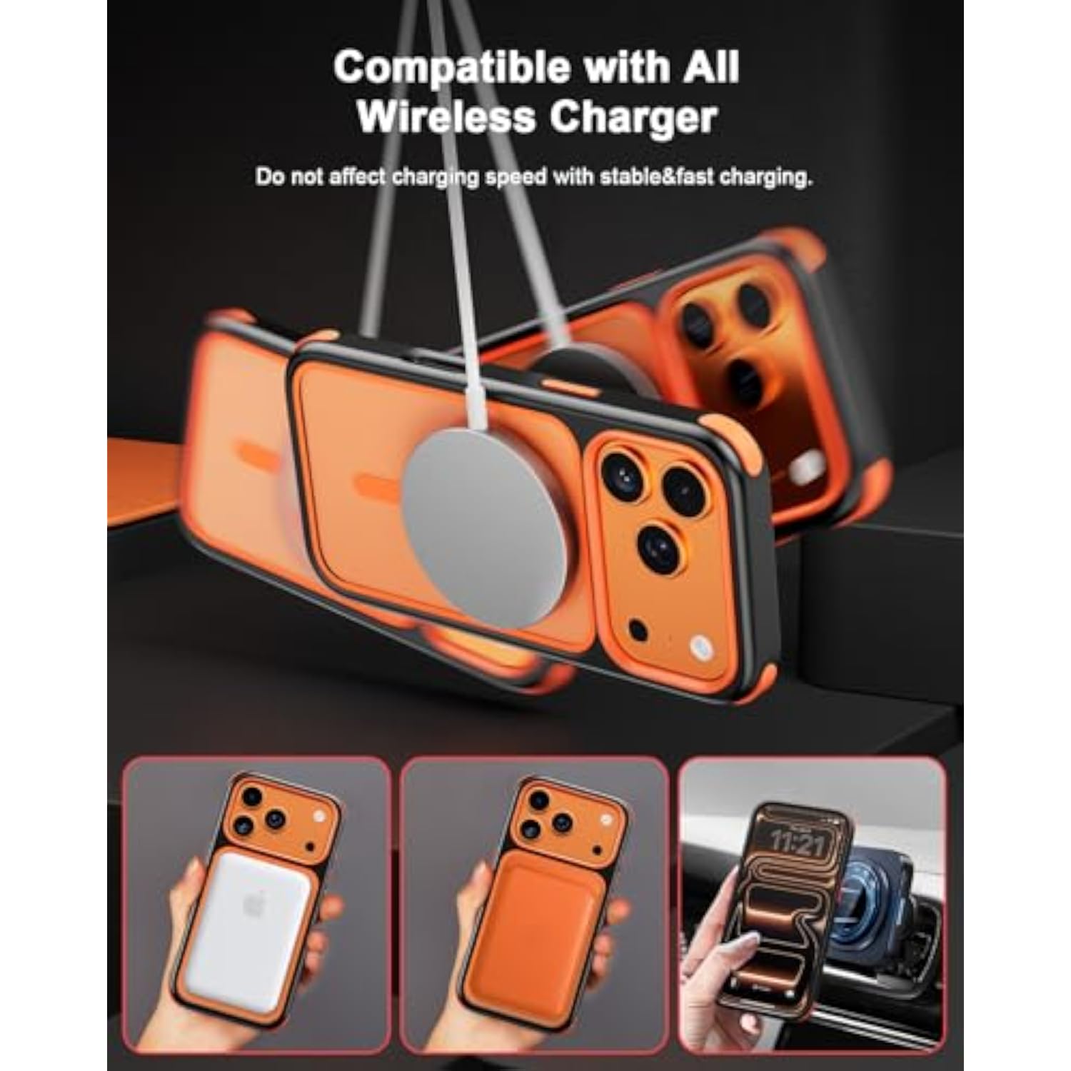 Crystal Clear iPhone 17 Pro Max Case with MagSafe Compatibility, Multicolor Protective Bumpers, Slim Cover for Men and Women - Black/Orange