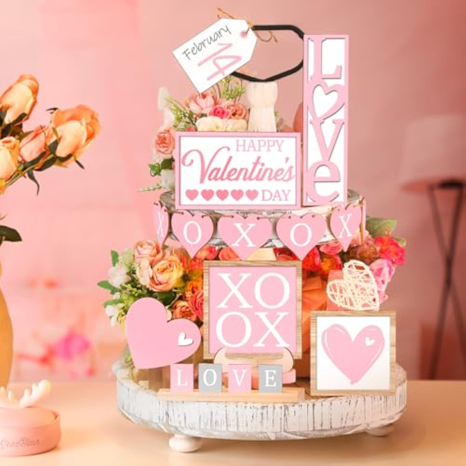 21 Pcs Valentine Tiered Tray Decor Set Valentine Table Decorations Conversation Heart Wooden Decoration Farmhouse Valentines Day Decorations Heart Wooden Signs For Home(Cute)